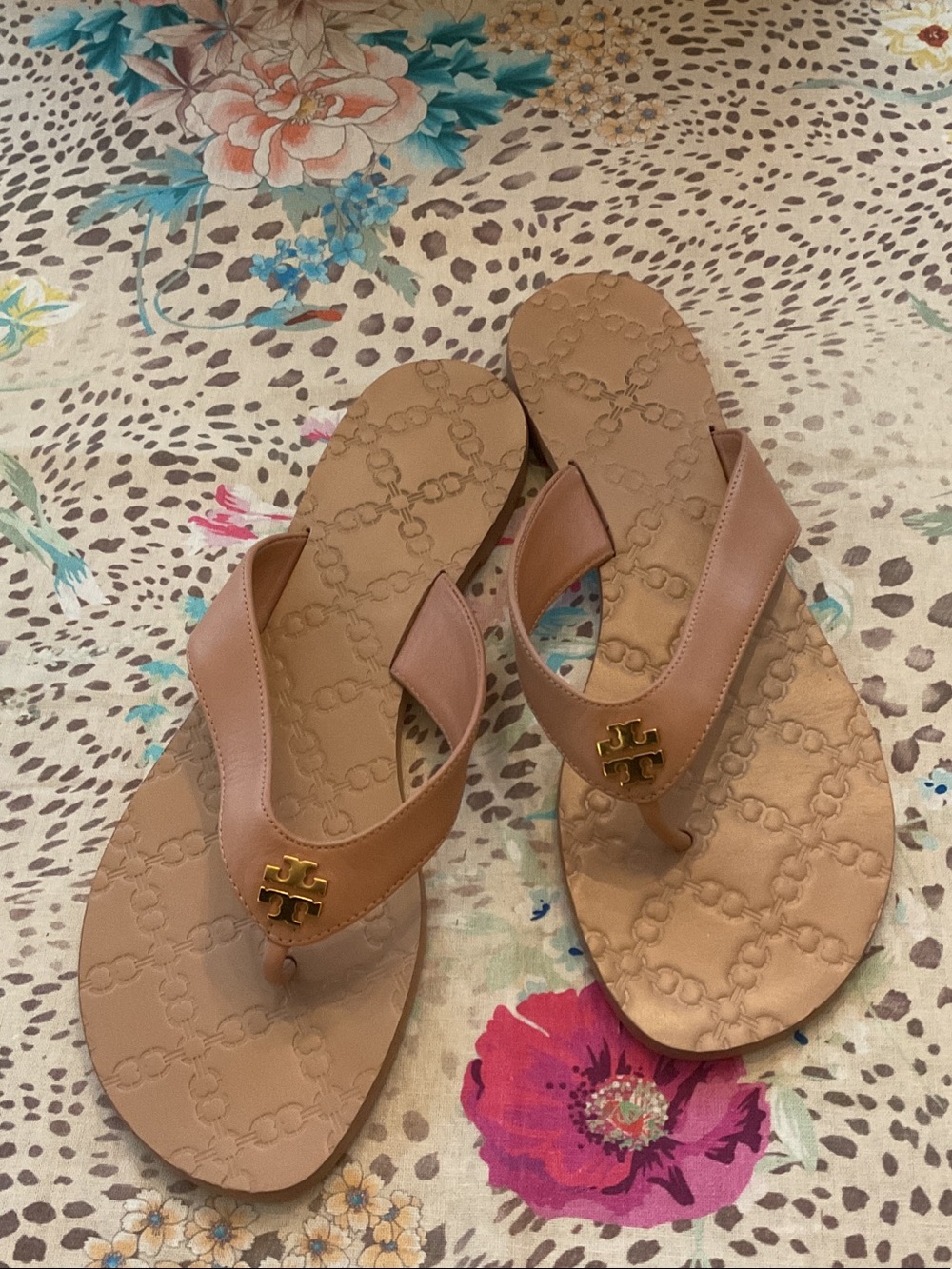 Tory Burch Tan Leather Miller Thong Sandals with Gold Logo